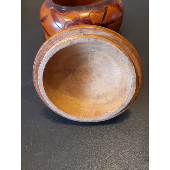 Wood Unique Hand Carved Floral Wooden Bowl w/ Lid 7.5"H x 6.5"L Urn Trinket - Picture 7 of 10